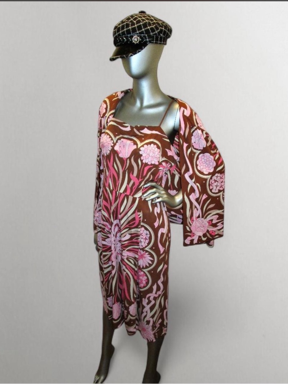 Emilio Pucci Set Cream & Pink Floral Slip Dress with Matching Jacket size 14